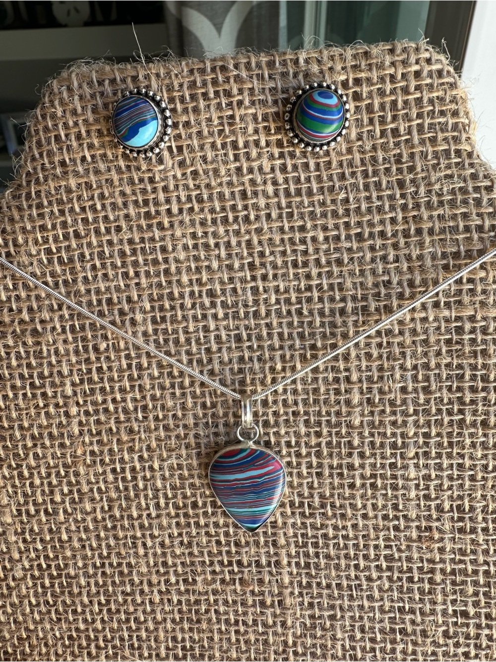 Rainbow  Calailica Teardrop Pendant and Matching Stud Earrings Set